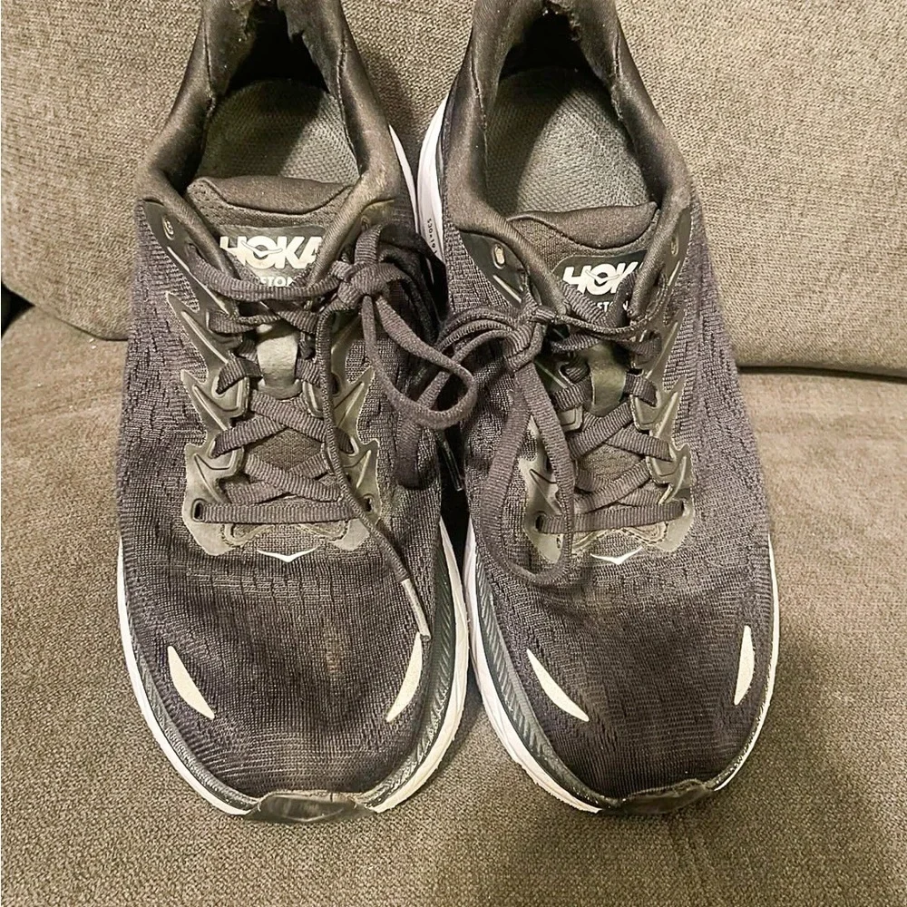 Hoka One One Black and White Athletic Shoes with Maximalist Cushioning - Picture 2 of 11